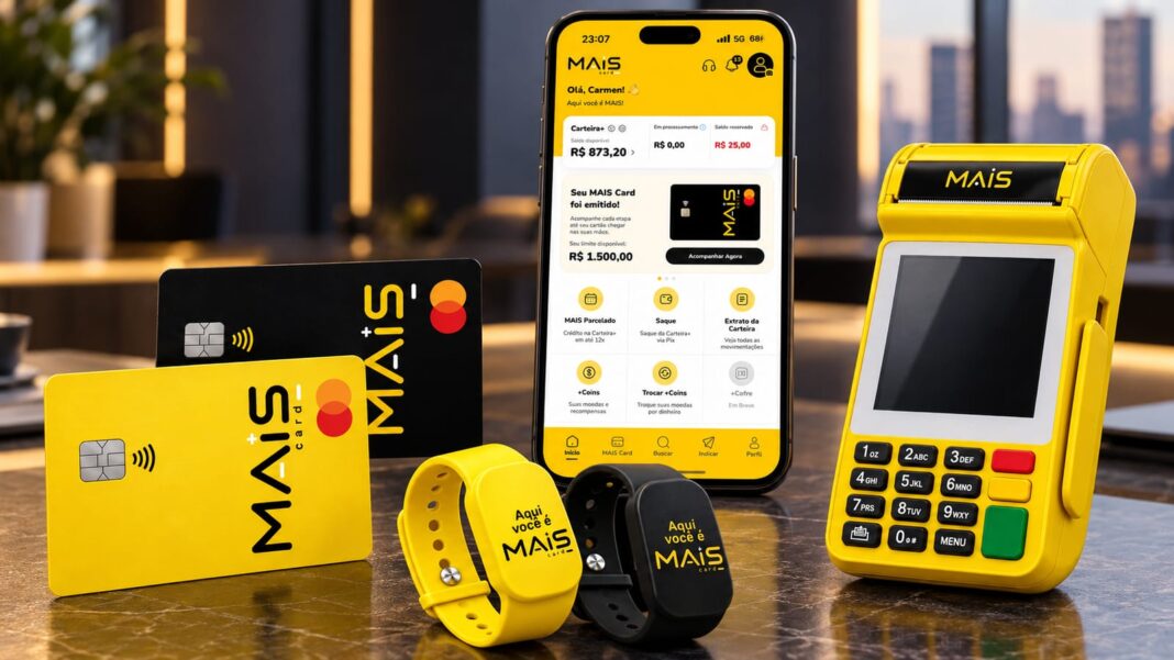 Ecossistema da MAIS Card reúne cartão de crédito, aplicativo, maquininha e pulseiras NFC em uma experiência financeira integrada.